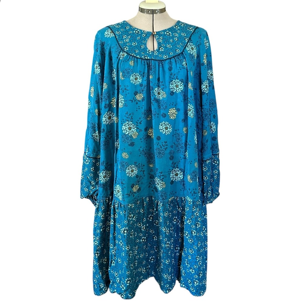 Sonoma Blue Floral Long Sleeve Dress Women's L Boho Prairie Farm